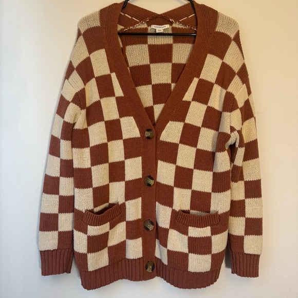 American Eagle Outfitters Sweaters - American Eagle Cream and Terracotta Oversized Checkerboard Cardigan